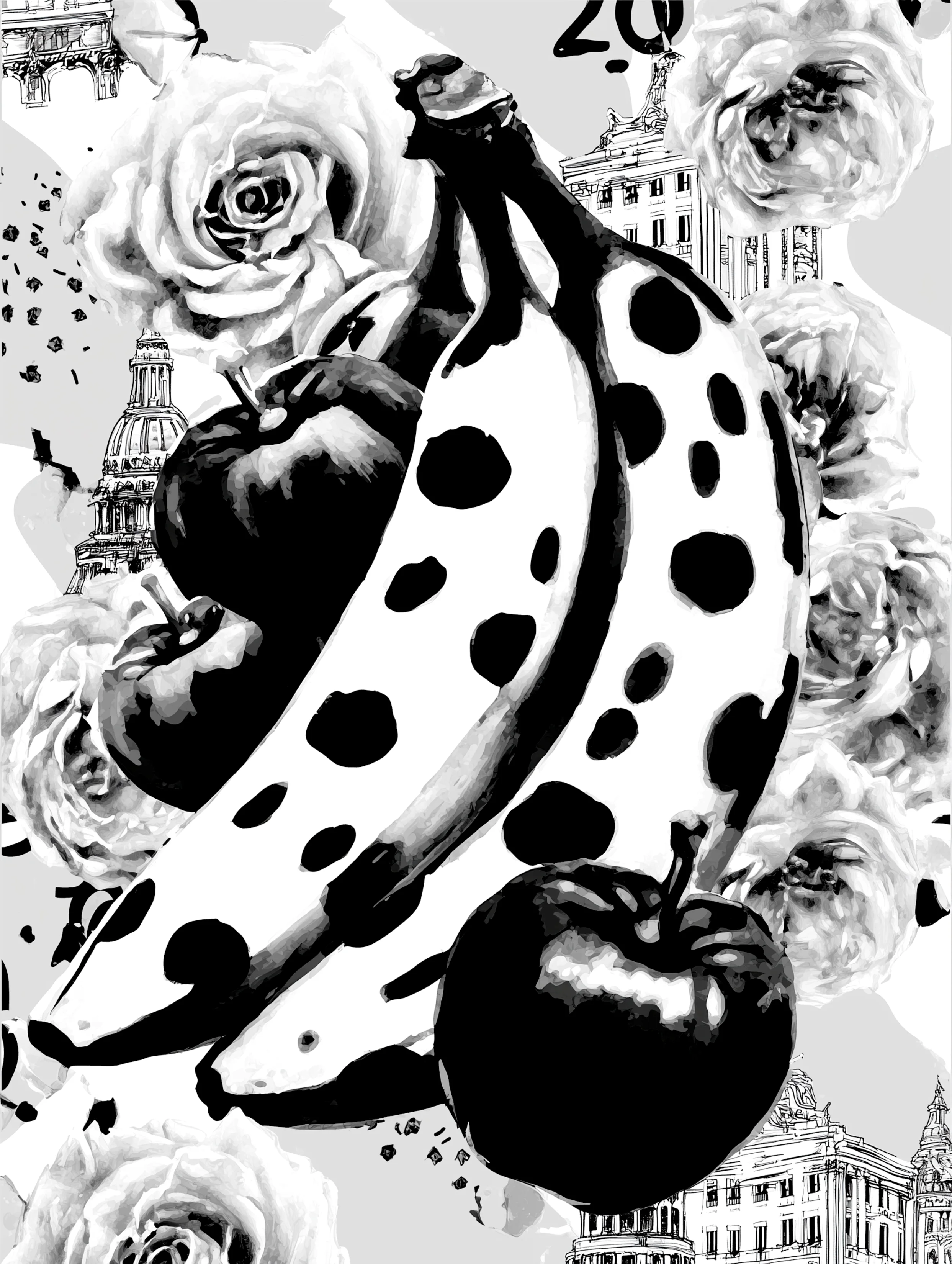 Free printable banana coloring page for adults featuring polka dot banana with apples